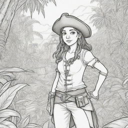 jungle back ground , pirates on a adventure with a girl pirate character ,coloring page line art