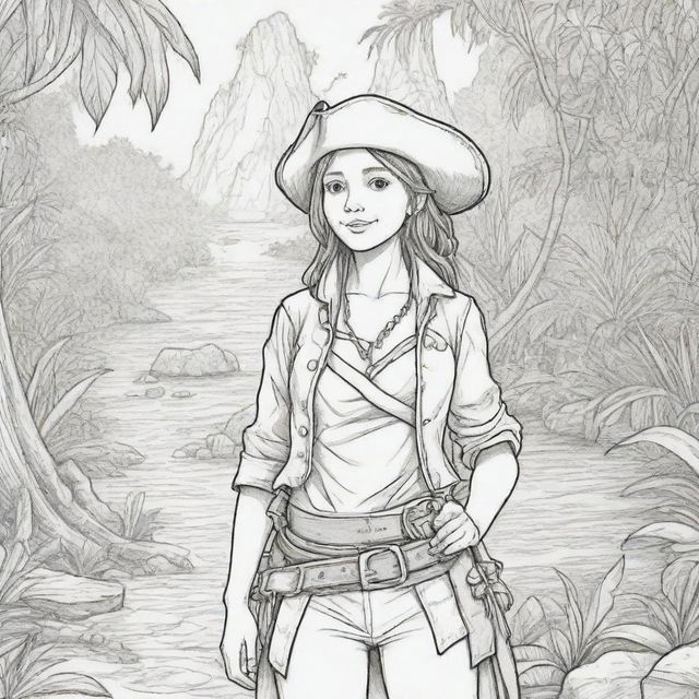 jungle back ground , pirates on a adventure with a girl pirate character ,coloring page line art