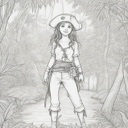 jungle back ground , pirates on a adventure with a girl pirate character ,coloring page line art