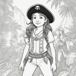 jungle back ground , pirates on a adventure with a girl pirate character ,coloring page line art