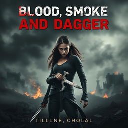 An intense cover design for a dystopian novel titled 'Blood, Smoke, and Dagger'
