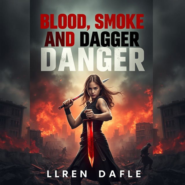 An intense cover design for a dystopian novel titled 'Blood, Smoke, and Dagger'