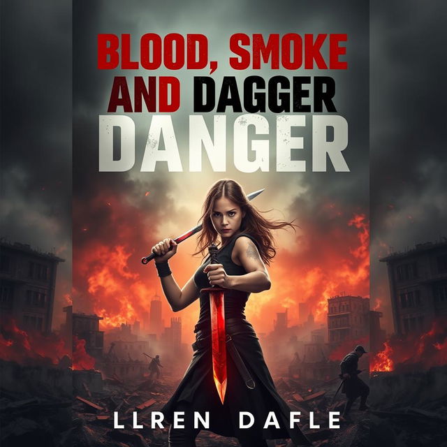 An intense cover design for a dystopian novel titled 'Blood, Smoke, and Dagger'