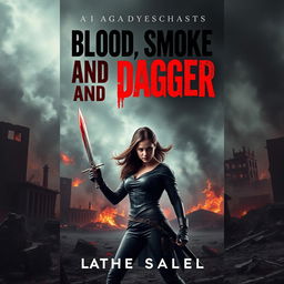 An intense cover design for a dystopian novel titled 'Blood, Smoke, and Dagger'