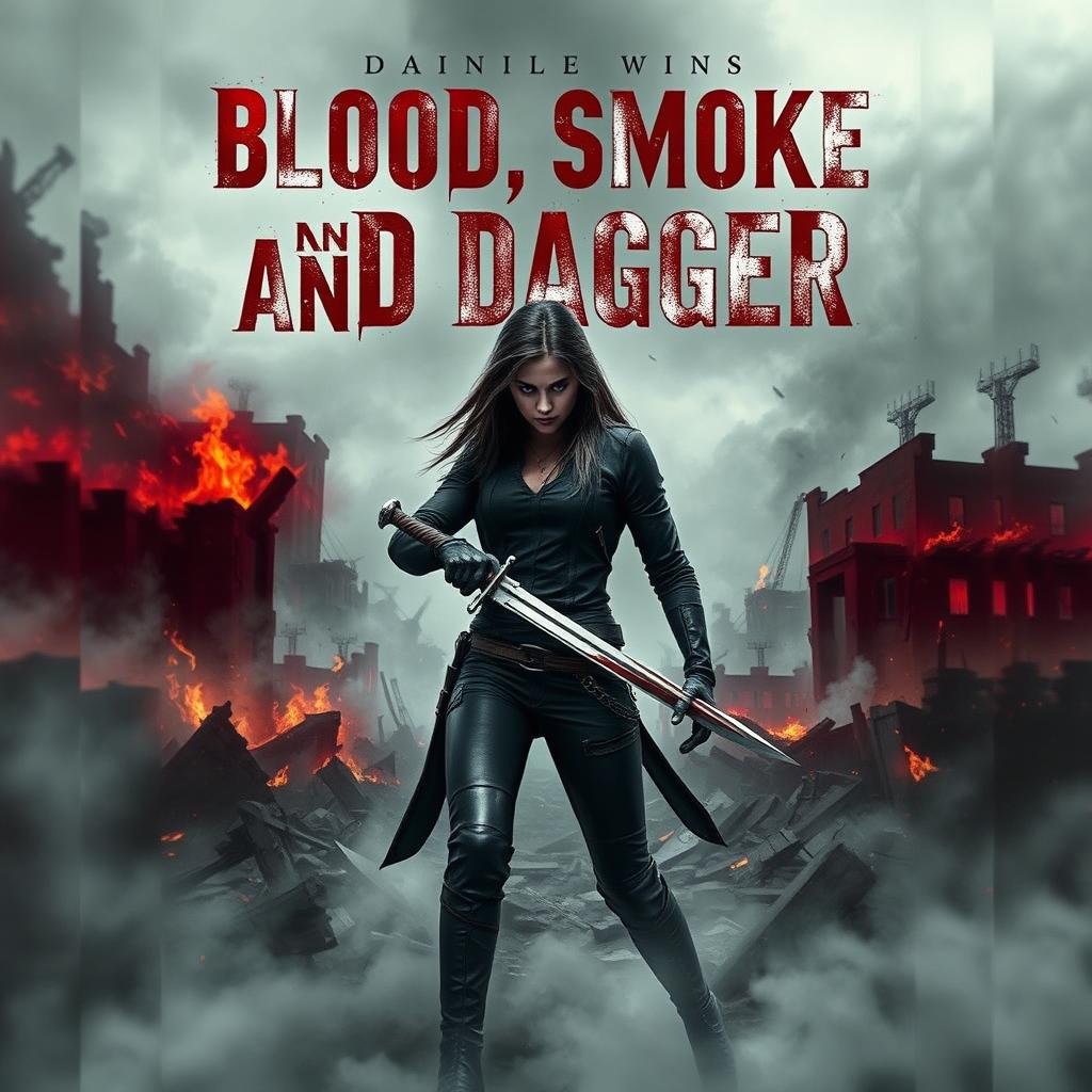 An intense cover design for a dystopian novel titled 'Blood, Smoke, and Dagger'