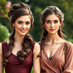 A hyperrealistic photograph featuring two different stunning German women, both with elegant long brown hair styled in beautiful updos