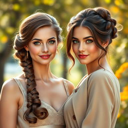 A hyperrealistic photograph featuring two different stunning German women, both with elegant long brown hair styled in beautiful updos