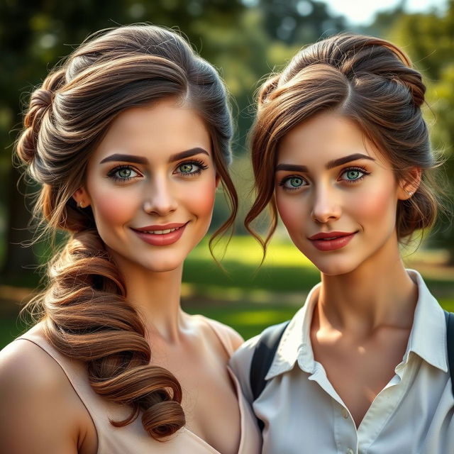 A hyperrealistic photograph featuring two different stunning German women, both with elegant long brown hair styled in beautiful updos