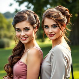 A hyperrealistic photograph featuring two different stunning German women, both with elegant long brown hair styled in beautiful updos