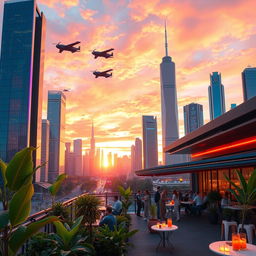 A stunning depiction of a sleek, futuristic city skyline at sunset, with glowing neon lights reflecting off glass skyscrapers