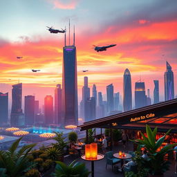 A stunning depiction of a sleek, futuristic city skyline at sunset, with glowing neon lights reflecting off glass skyscrapers