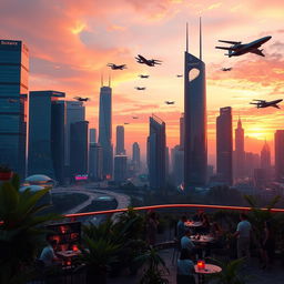 A stunning depiction of a sleek, futuristic city skyline at sunset, with glowing neon lights reflecting off glass skyscrapers