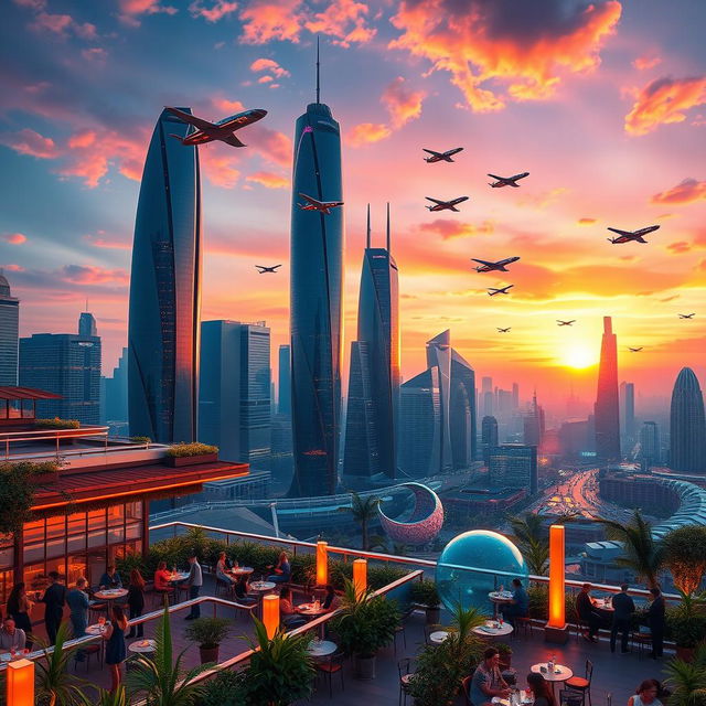 A stunning depiction of a sleek, futuristic city skyline at sunset, with glowing neon lights reflecting off glass skyscrapers