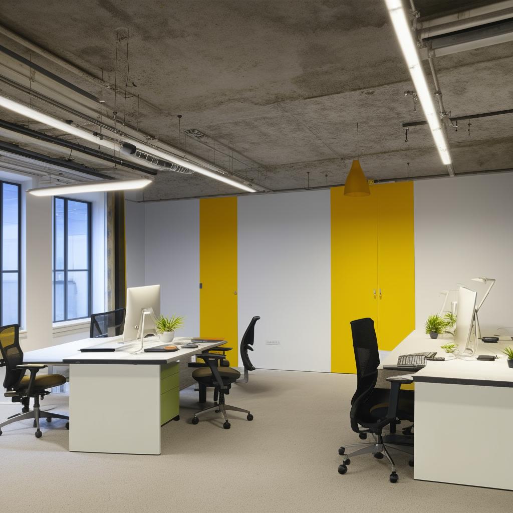 A workstation featuring four desks in hues of white, grey, and yellow, arranged in an ergonomic, modern design.