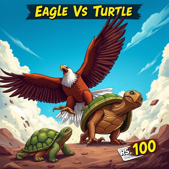 A dynamic and action-packed scene depicting a fierce battle between an eagle and a turtle