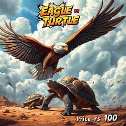 A dynamic and action-packed scene depicting a fierce battle between an eagle and a turtle