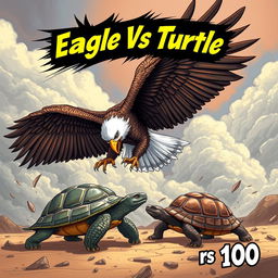 A dynamic and action-packed scene depicting a fierce battle between an eagle and a turtle