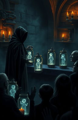 A dark and mystical scene capturing the atmosphere of an auction of souls, with a shadowy auctioneer presenting shimmering, ethereal souls in jars to an eager but ominous audience