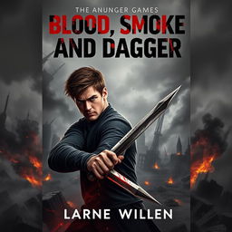 An intense cover design for a dystopian novel titled 'Blood, Smoke, and Dagger'