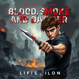 An intense cover design for a dystopian novel titled 'Blood, Smoke, and Dagger'