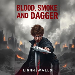 An intense cover design for a dystopian novel titled 'Blood, Smoke, and Dagger'