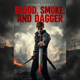 An intense cover design for a dystopian novel titled 'Blood, Smoke, and Dagger'