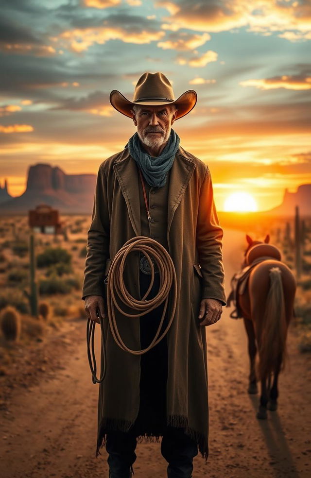 A dramatic western scene depicting a lone cowboy standing with a weathered hat and duster coat, holding a lasso, against a backdrop of a dusty trail that leads to a sunset-lit horizon