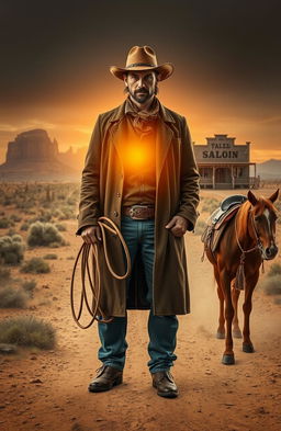 A dramatic western scene depicting a lone cowboy standing with a weathered hat and duster coat, holding a lasso, against a backdrop of a dusty trail that leads to a sunset-lit horizon
