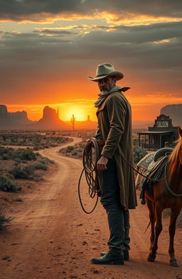 A dramatic western scene depicting a lone cowboy standing with a weathered hat and duster coat, holding a lasso, against a backdrop of a dusty trail that leads to a sunset-lit horizon