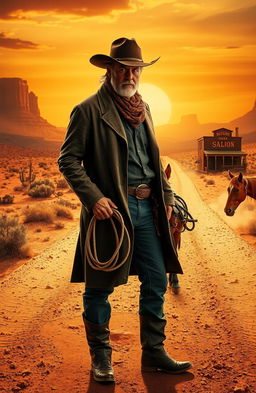 A dramatic western scene depicting a lone cowboy standing with a weathered hat and duster coat, holding a lasso, against a backdrop of a dusty trail that leads to a sunset-lit horizon