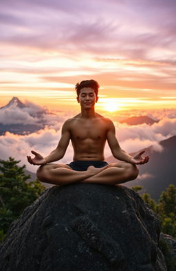 A serene and inspiring self-development scene showing a person meditating on a mountain peak at sunrise