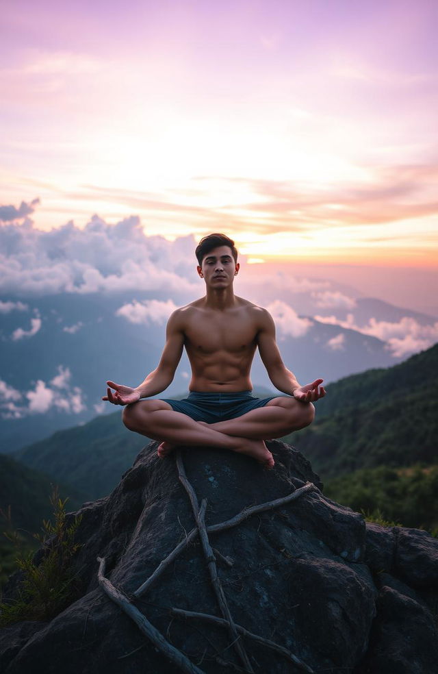 A serene and inspiring self-development scene showing a person meditating on a mountain peak at sunrise