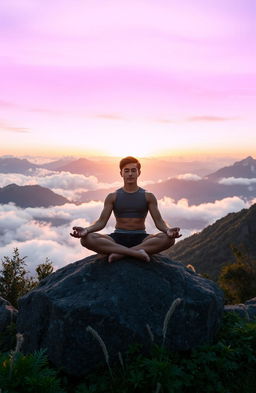 A serene and inspiring self-development scene showing a person meditating on a mountain peak at sunrise