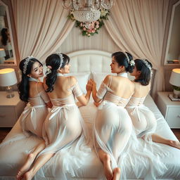 Four Vietnamese girls in a beautifully styled bedroom, elegantly dressed in sheer ao dai garments layered over their figures