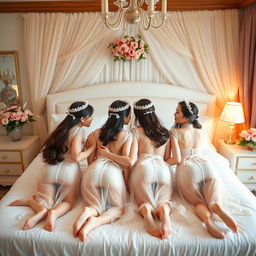 Four Vietnamese girls in a beautifully decorated bedroom, dressed in sheer ao dai garments that elegantly drape over their figures