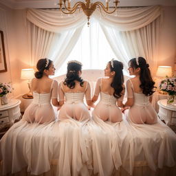 Four Vietnamese girls in a beautifully decorated bedroom, dressed in sheer ao dai garments that elegantly drape over their figures