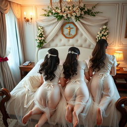 Four Vietnamese girls in a beautifully decorated bedroom, dressed in sheer ao dai garments that elegantly drape over their figures