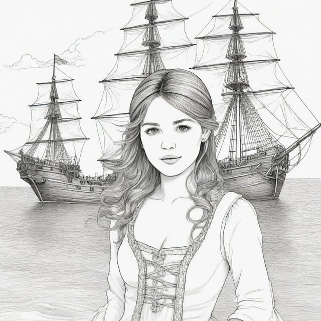 girl pirate, pirate ship background ,coloring page line art