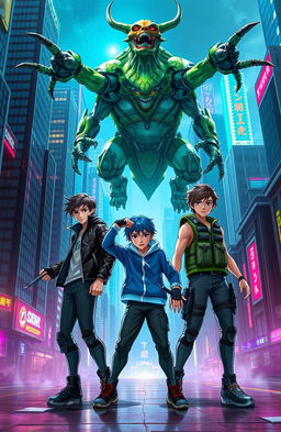 Three boys in a futuristic cityscape, engaged in an epic battle against a monstrous creature named Lyupll