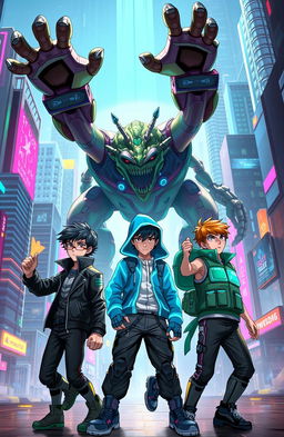 Three boys in a futuristic cityscape, engaged in an epic battle against a monstrous creature named Lyupll