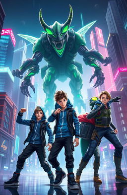 Three boys in a futuristic cityscape, engaged in an epic battle against a monstrous creature named Lyupll