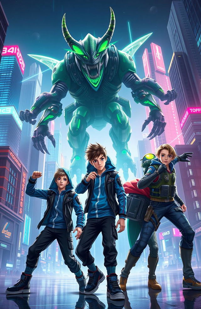 Three boys in a futuristic cityscape, engaged in an epic battle against a monstrous creature named Lyupll