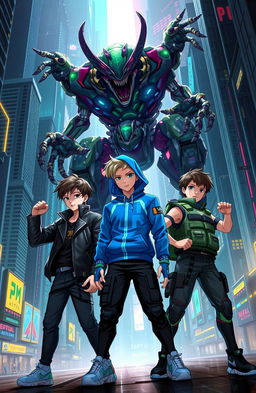 Three boys in a futuristic cityscape, engaged in an epic battle against a monstrous creature named Lyupll