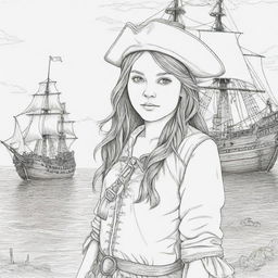 girl pirate, pirate ship background ,coloring page line art