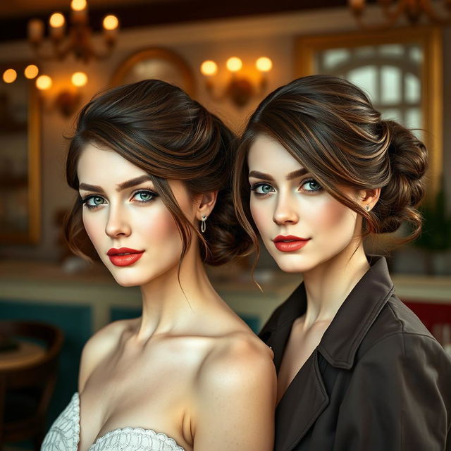 A hyperrealistic photograph featuring two different stunning German women, both with striking white skin and elegantly styled brown hair in updos, with a playful strand of hair hanging delicately across each of their faces