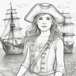 girl pirate, pirate ship background ,coloring page line art