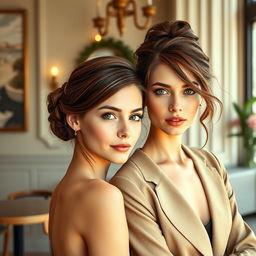 A hyperrealistic photograph featuring two different stunning German women, both with striking white skin and elegantly styled brown hair in updos, with a playful strand of hair hanging delicately across each of their faces