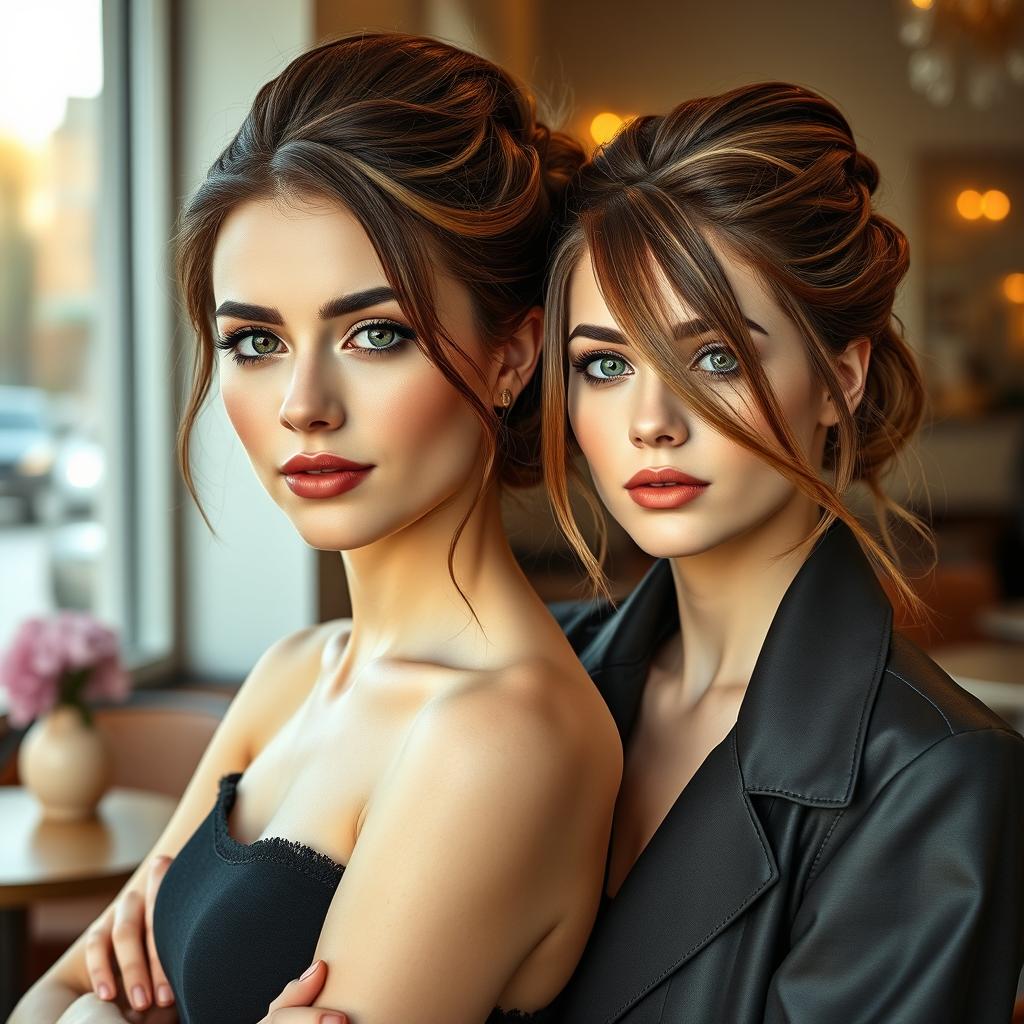 A hyperrealistic photograph featuring two different stunning German women, both with striking white skin and elegantly styled brown hair in updos, with a playful strand of hair hanging delicately across each of their faces