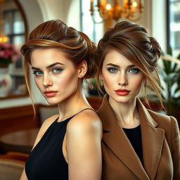 A hyperrealistic photograph featuring two different stunning German women, both with striking white skin and elegantly styled brown hair in updos, with a playful strand of hair hanging delicately across each of their faces