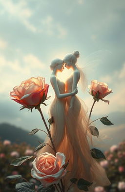 A surreal and poetic interpretation of withered roses blossoming again, symbolizing renewal and life